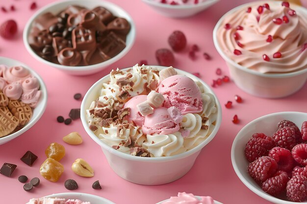 close-up-pink-ice-cream-scoops-with-white-whipped-cream-toppings-raspberries-pink-background_1282444-44624